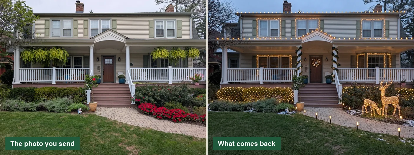 The same house before and after: a plain autumn photo on the left, the same
                house lit for Christmas with a deer family on the lawn on the right.